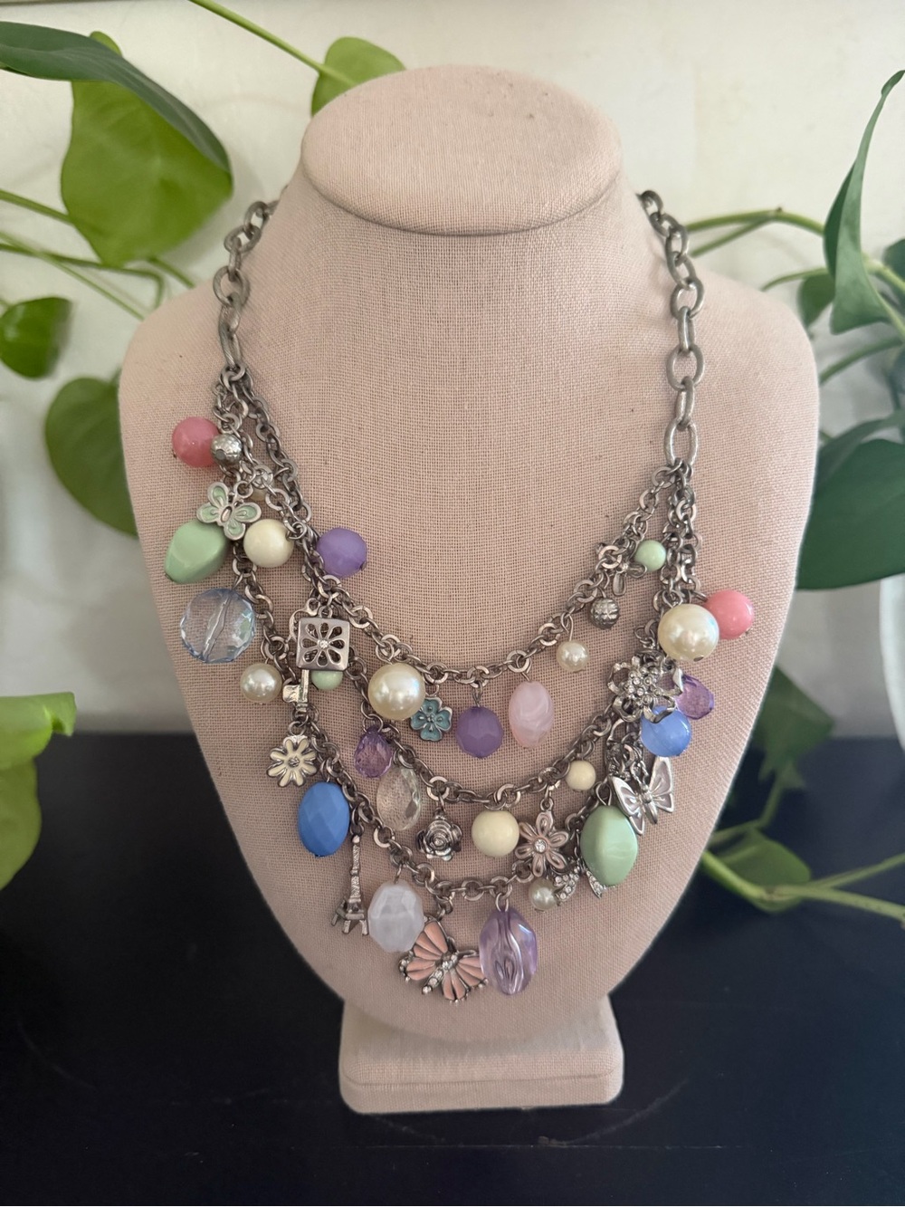 Vintage Charming Charlie Multi Strand Heavy Charm Glass Beaded Necklace